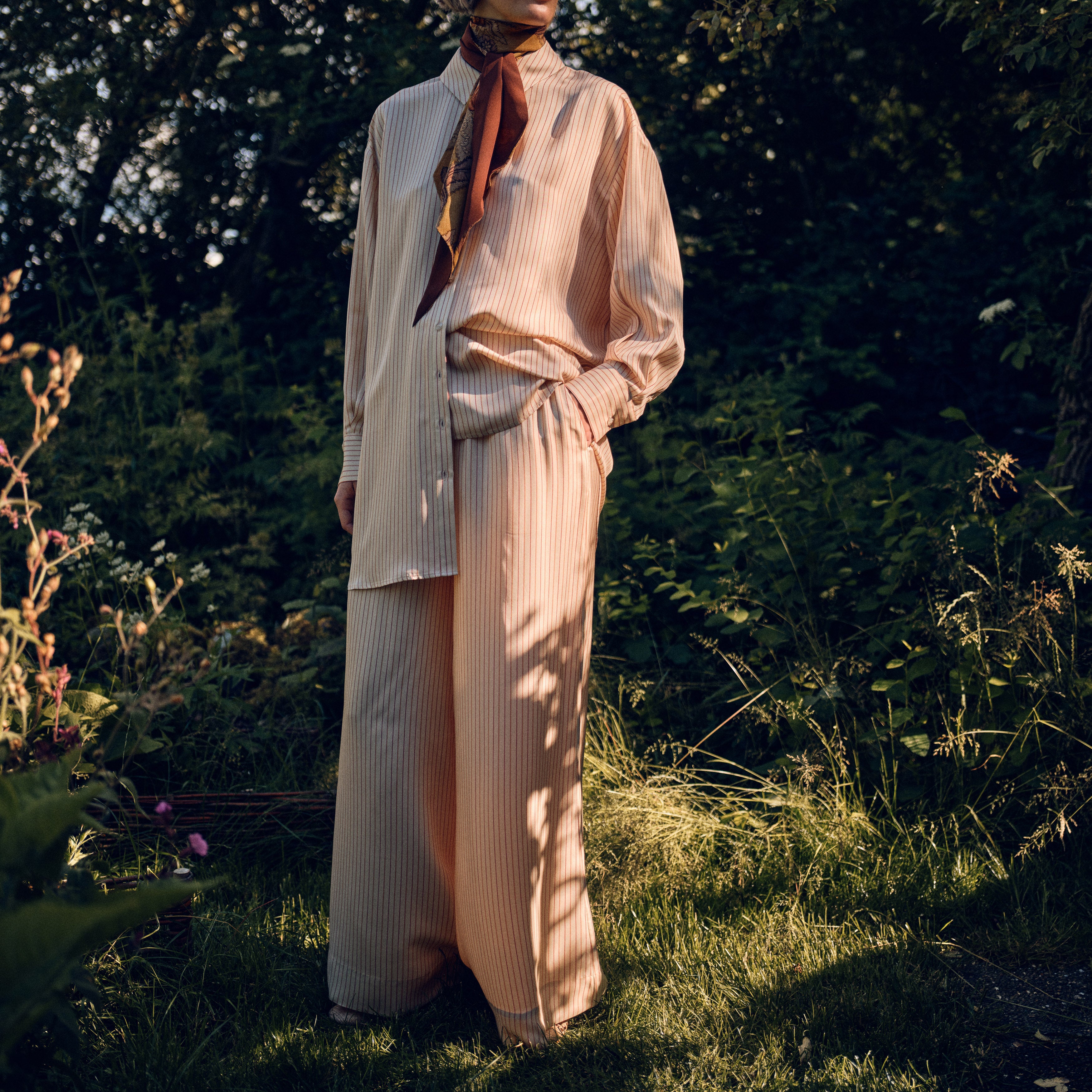 Tapis Noir Cara Silk Palazzo Pants - Pink Stripe Pants Pink Stripe