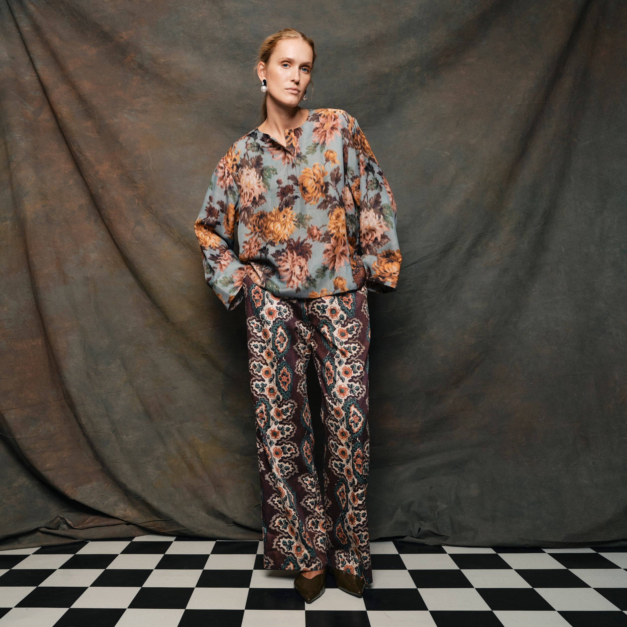 Tapis Noir Catrin Cotton Pants - Geometric stripe Pants Brown